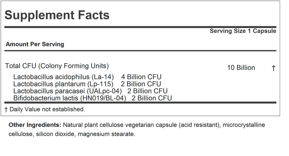 Andrew Lessman Friendly Flora bottle back label explains 10B CFU and five strains