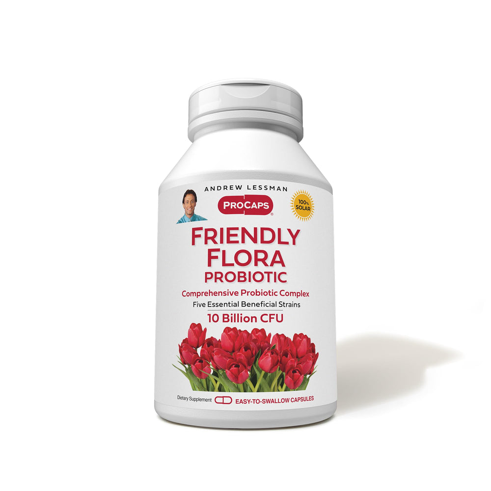 Andrew Lessman Friendly Flora probiotic bottle front promoting daily digestive balance