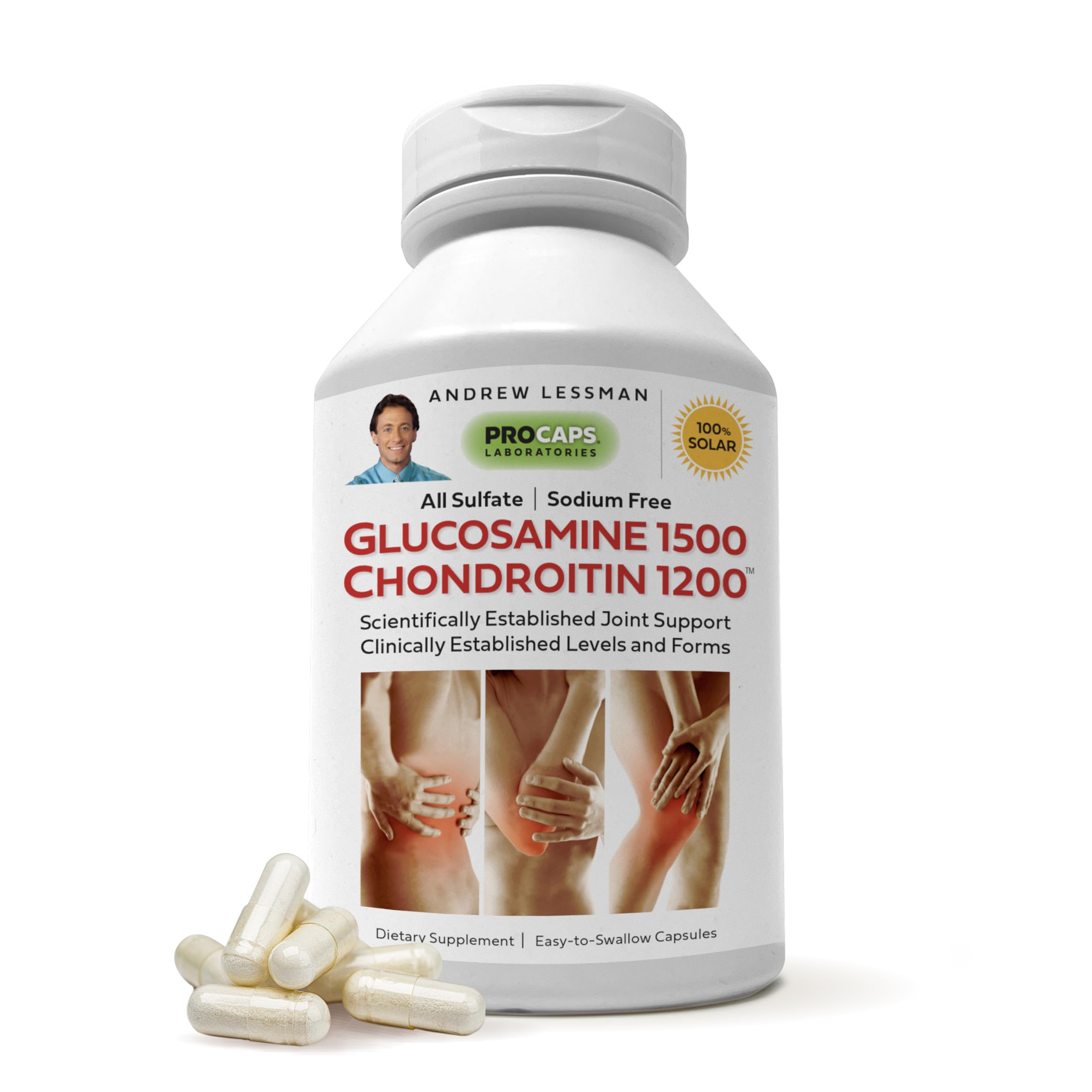 Andrew Lessman Glucosamine 1500 Chondroitin 1200mg bottle on table supports joint health.