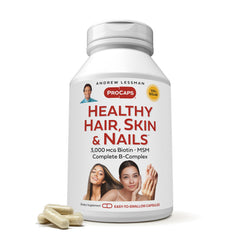 ANDREW LESSMAN Healthy Hair, Skin & Nails bottle close-up showing product focus and radiant potential use