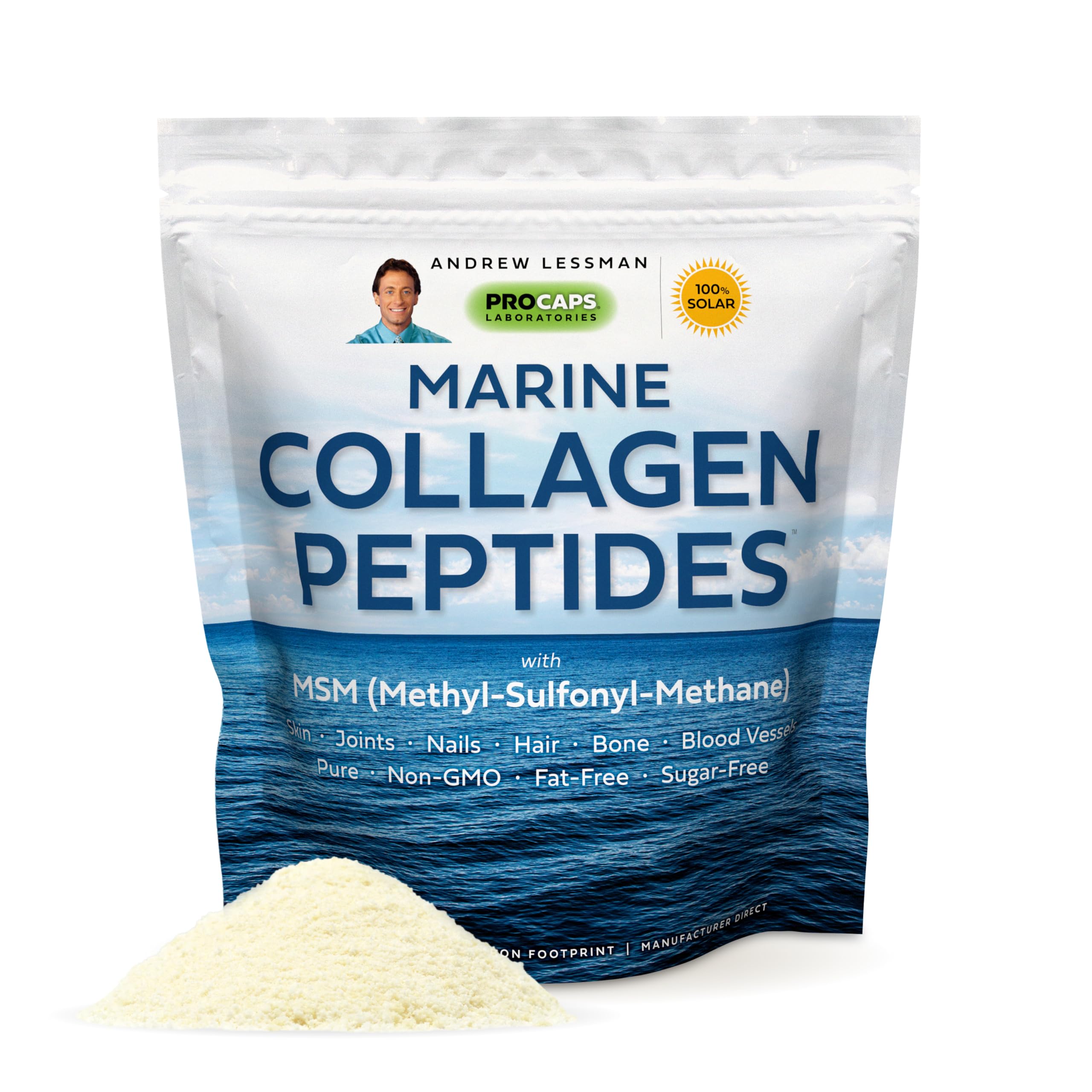Andrew Lessman Marine Collagen Peptides MSM powder jar may support skin and joints.