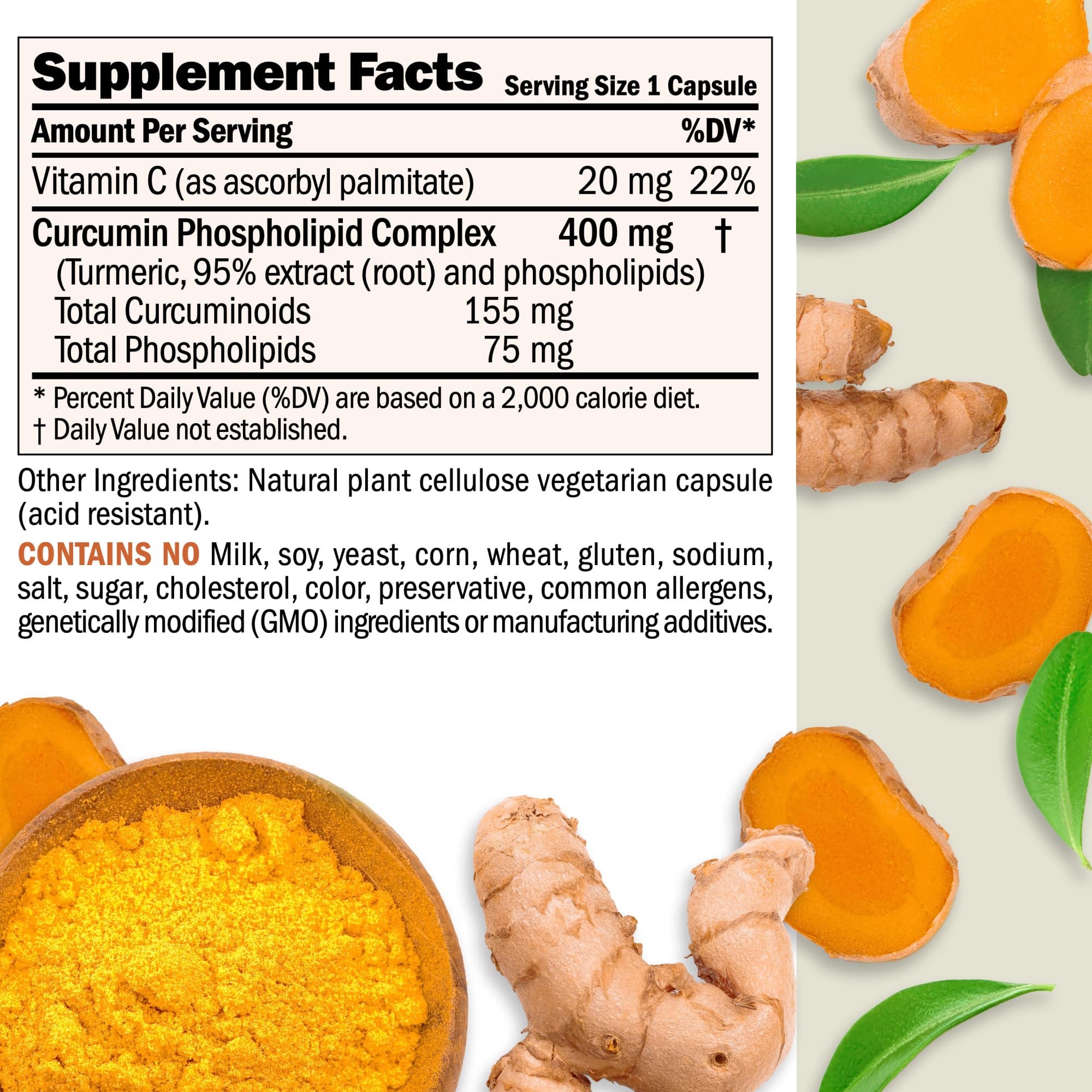 Close-up of Andrew Lessman Turmeric 400mg capsules, small and easy to swallow.