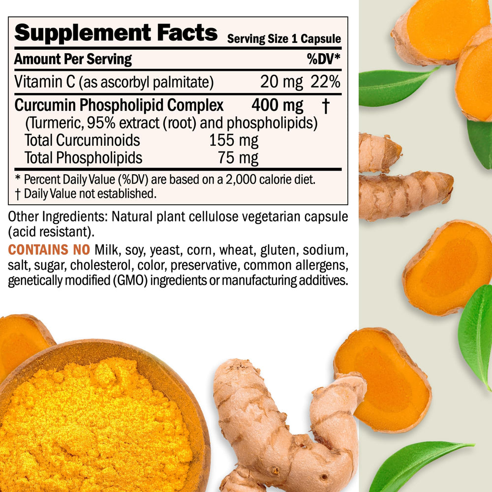 Close-up of Andrew Lessman Turmeric 400mg capsules, small and easy to swallow.