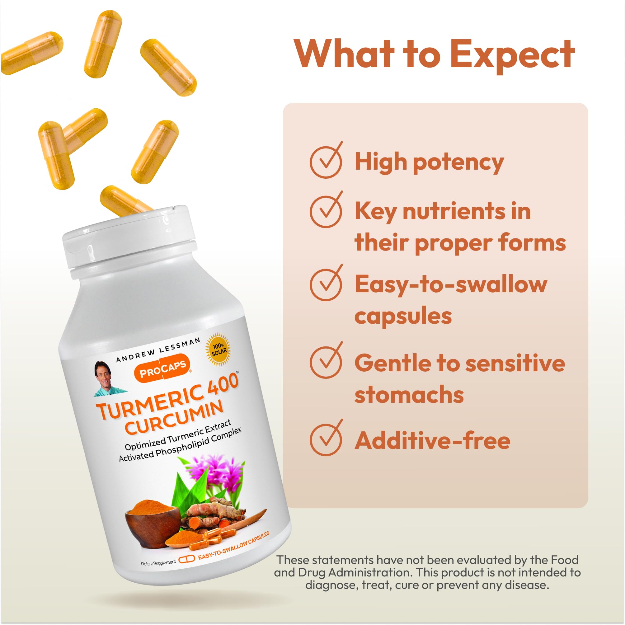 Gluten-free and dairy-free label on Andrew Lessman Turmeric 400mg packaging.