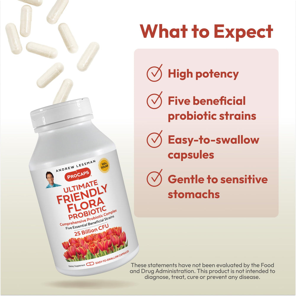 Andrew Lessman Ultimate Friendly Flora bottle pour illustrating convenient daily use.