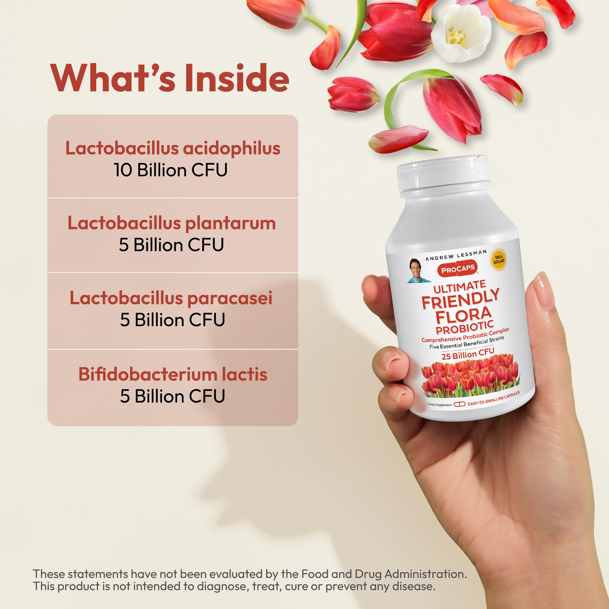 Andrew Lessman Ultimate Friendly Flora capsules closeup with easy-to-swallow design.