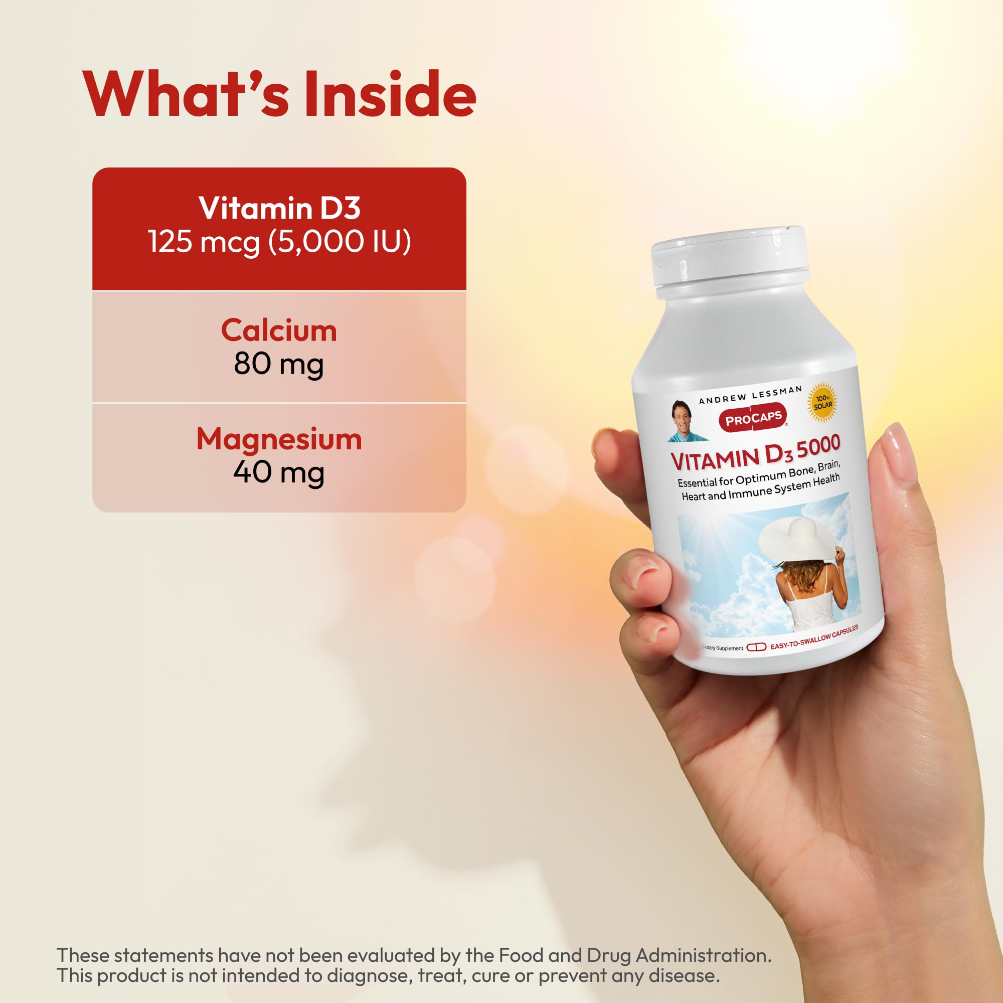 Top view of Andrew Lessman Vitamin D3 5000 IU bottle with compact packaging