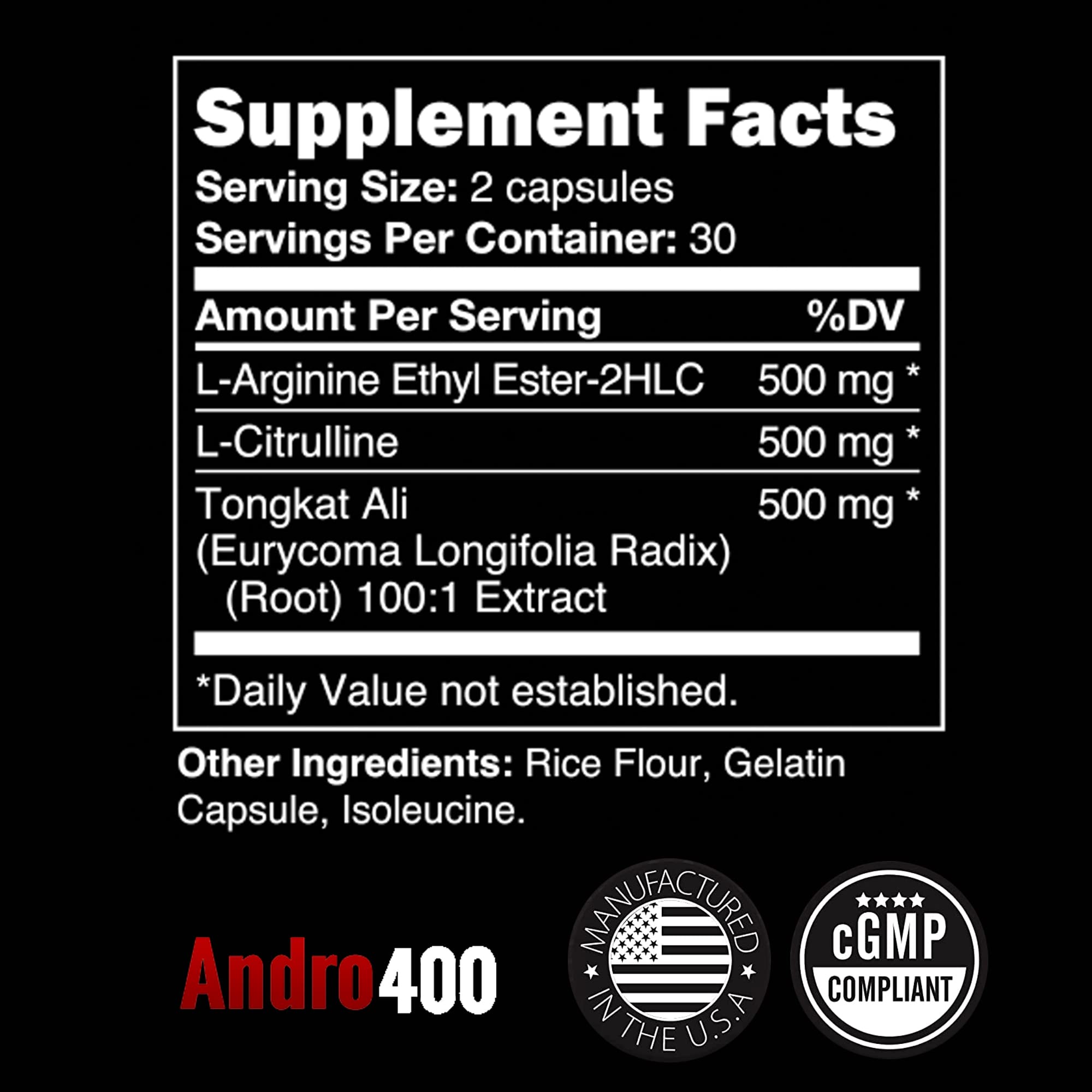Andro400 T Booster bottle closeup highlighting the label and ingredients