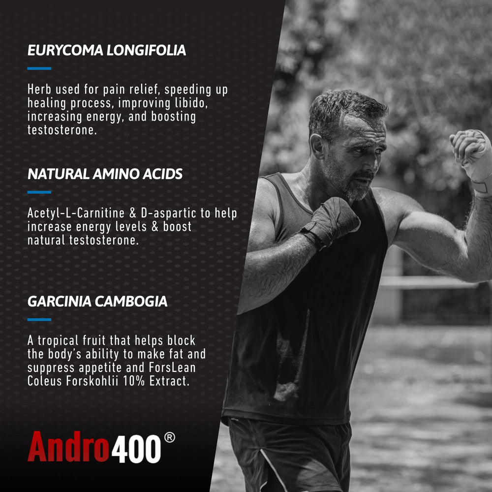 Andro400 T Booster Ultra Max bottle with glass of water during routine.