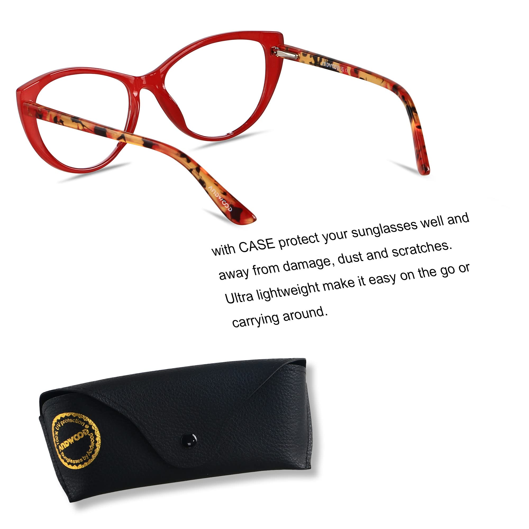 ANDWOOD cat-eye blue light glasses with leather case for on-the-go protection
