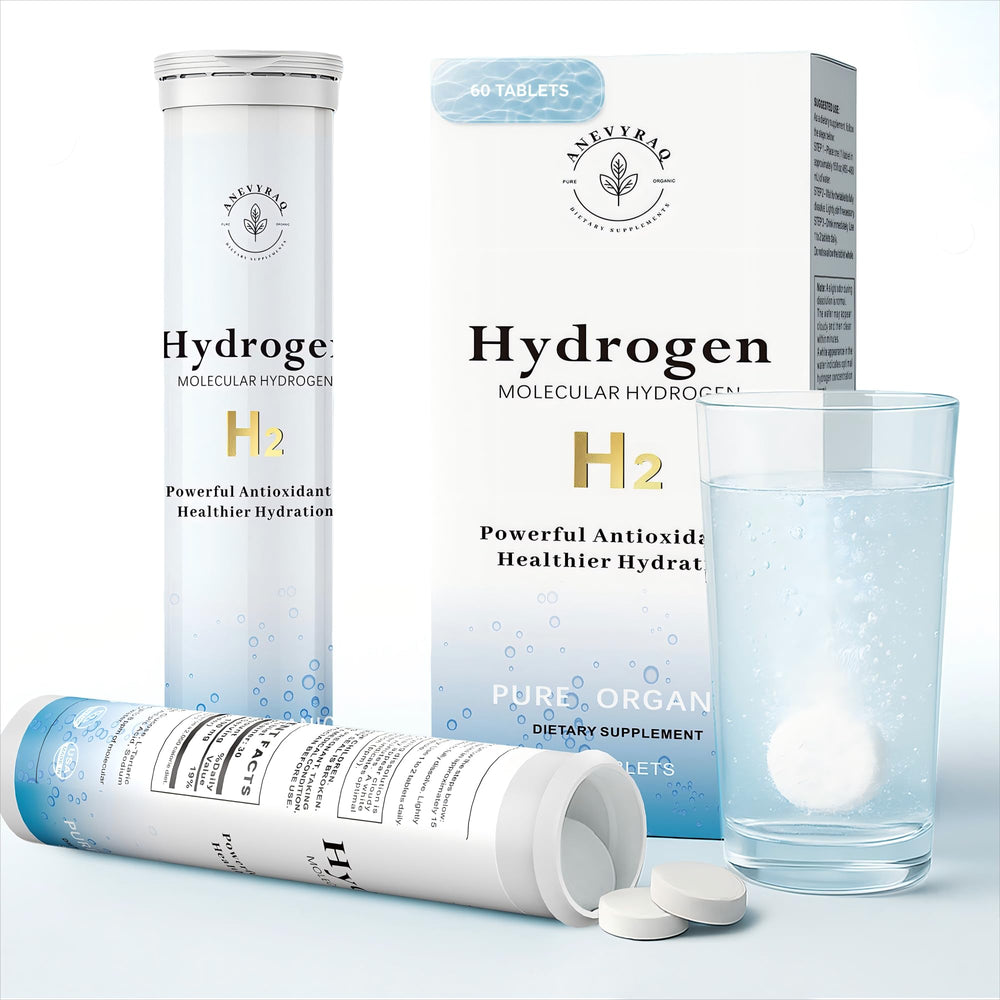 ANEVYRAQ molecular hydrogen tablet dissolving; hydration with potential antioxidant support.