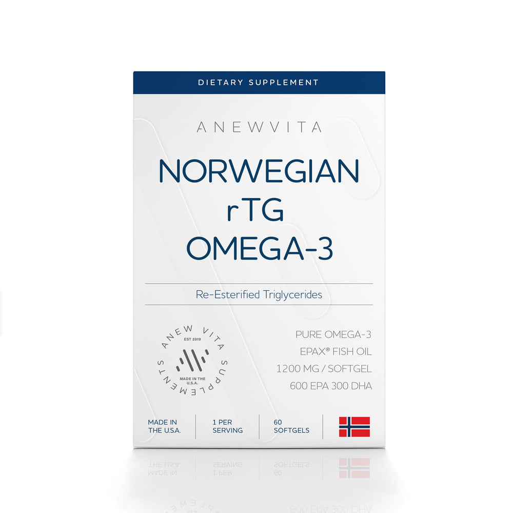 Anew Vita Norwegian RTG Omega-3 softgel bottle with EPA and DHA for cognitive and heart support