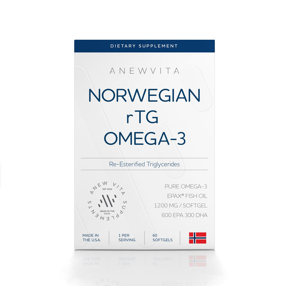 Anew Vita Norwegian RTG Omega-3 softgel bottle with EPA and DHA for cognitive and heart support