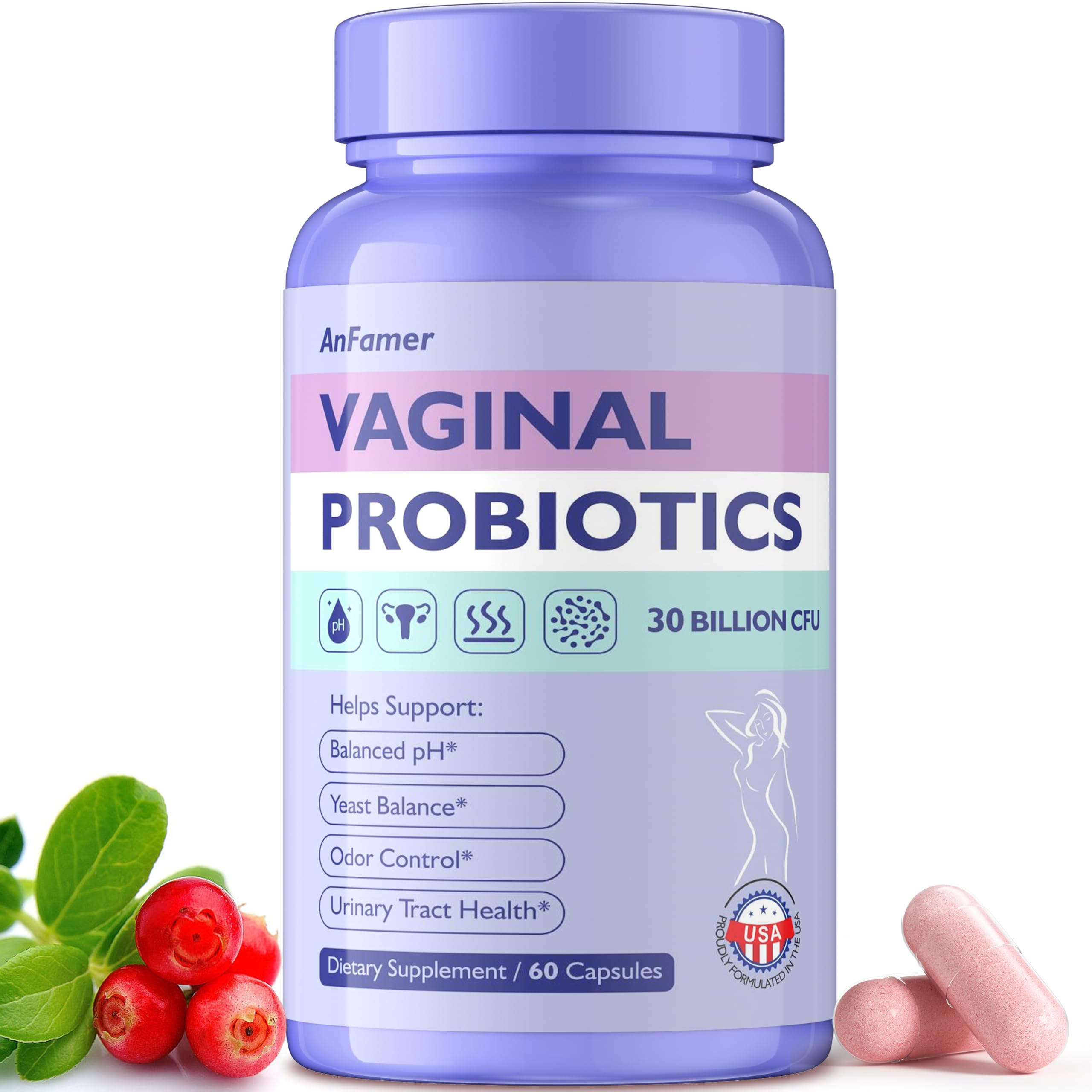 AnFamer Vaginal Probiotics bottle packshot showing a 60-capsule daily supply for balance.