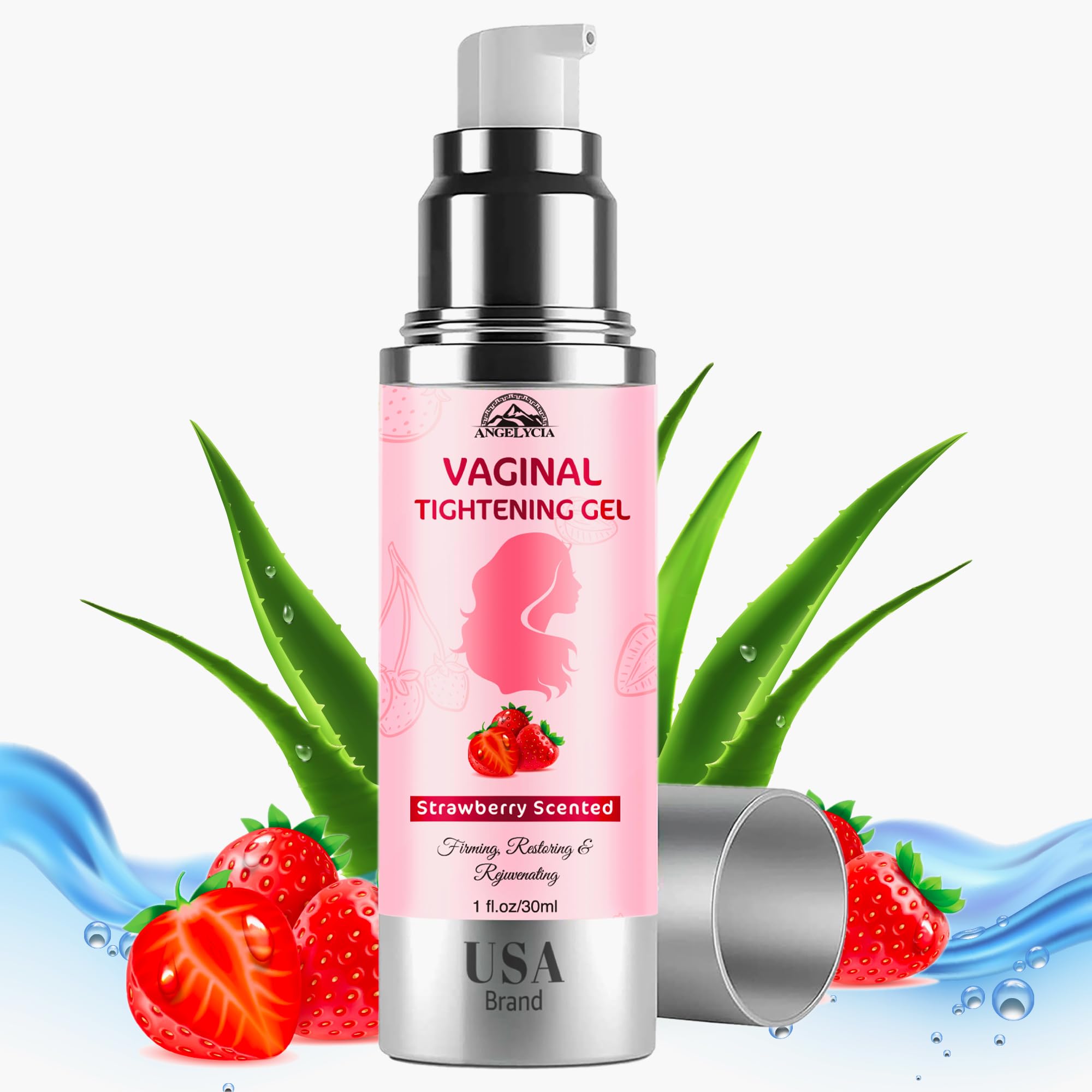 ANGELYCIA Vaginal Tightening Balm strawberry 1oz bottle suggests hydration and intimate comfort.