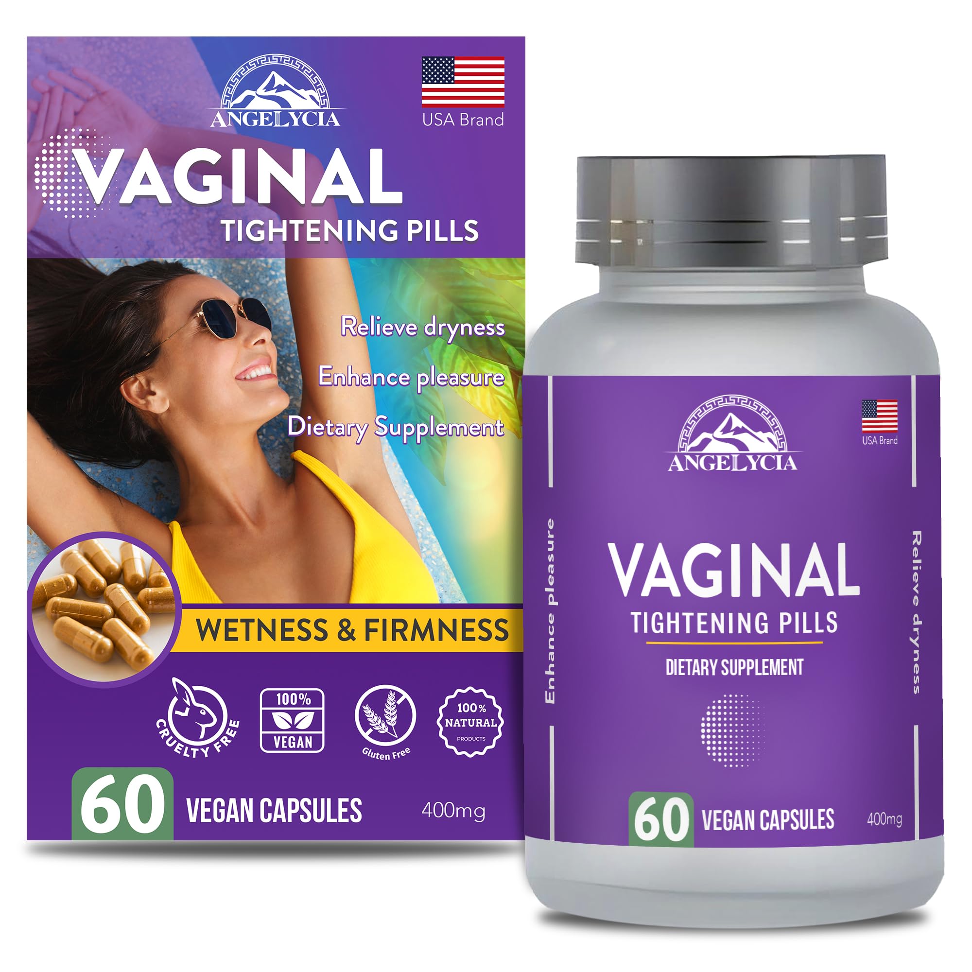 ANGELYCIA vaginal tightening pill bottle shown for discreet daily use and moisture support.