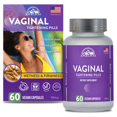 ANGELYCIA vaginal tightening pill bottle shown for discreet daily use and moisture support.