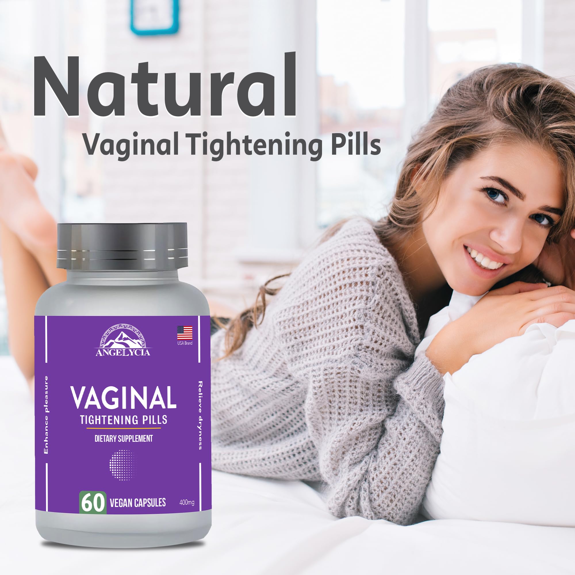 ANGELYCIA packaging display highlights easy regimen for vaginal comfort and care.