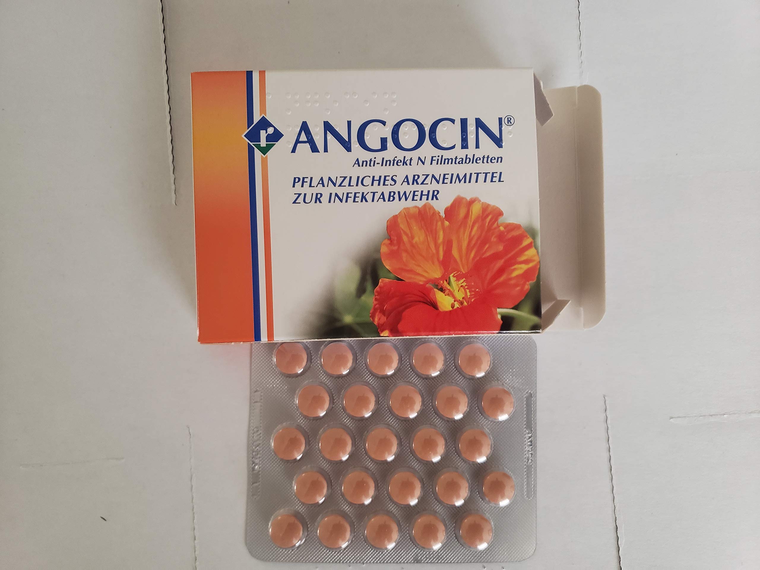 ANGOCIN packaging closeup shows German-made herbal blend for everyday routines.