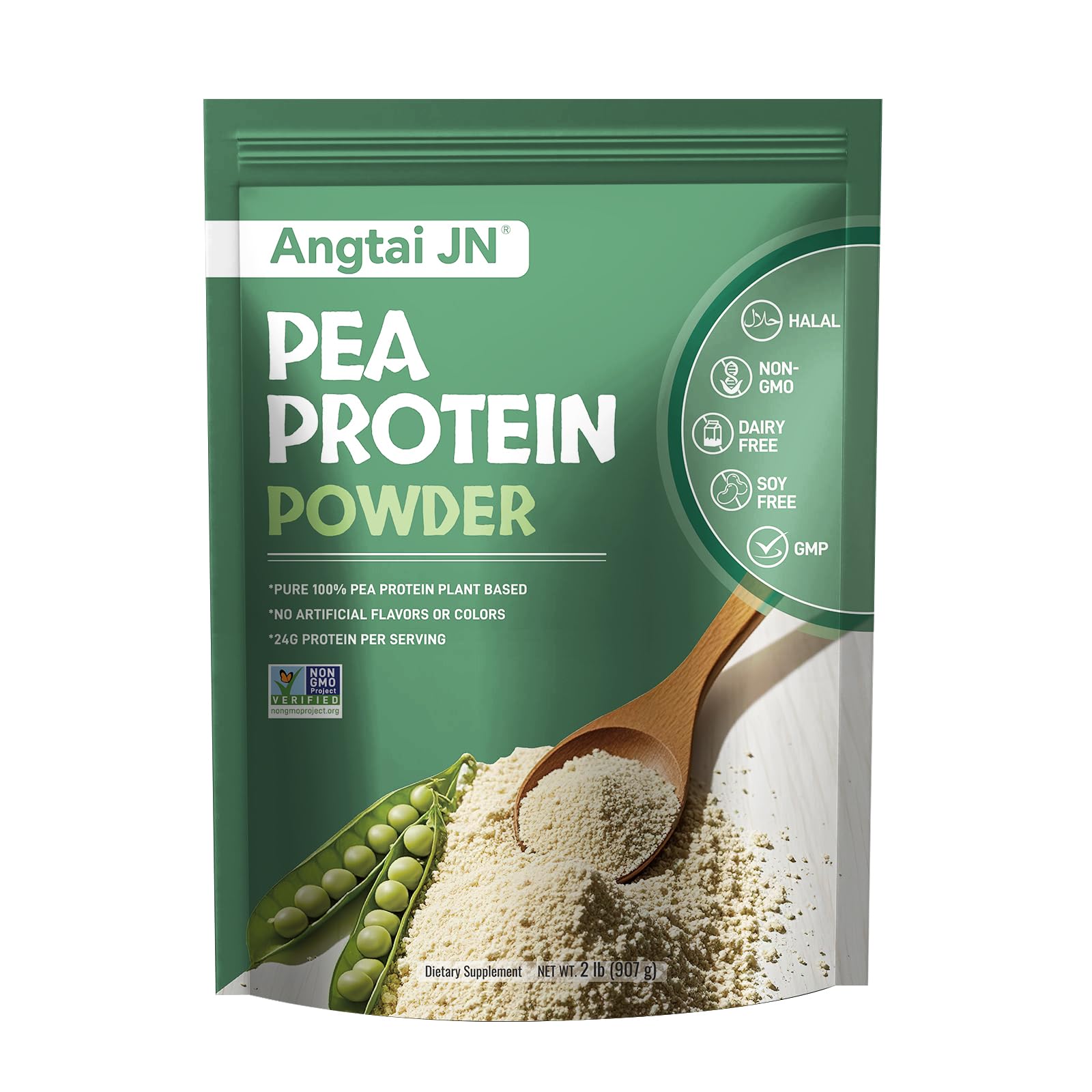 Angtai JN pea protein powder packaging front shows gluten-free, non-GMO quality for clean nutrition.