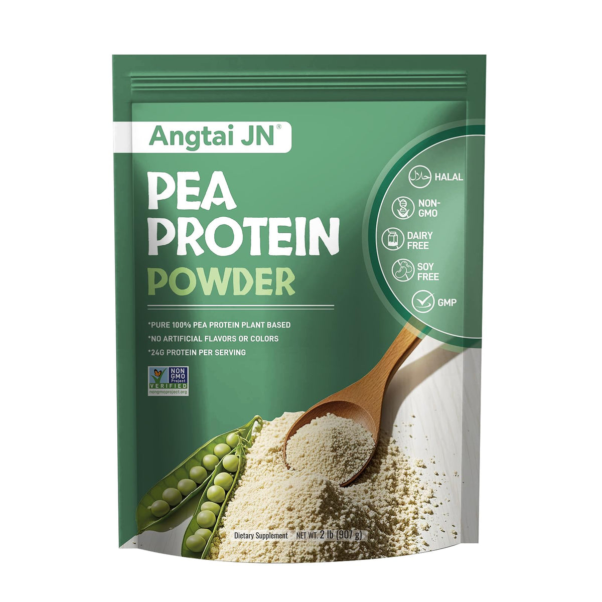 Angtai JN pea protein powder packaging front shows gluten-free, non-GMO quality for clean nutrition.