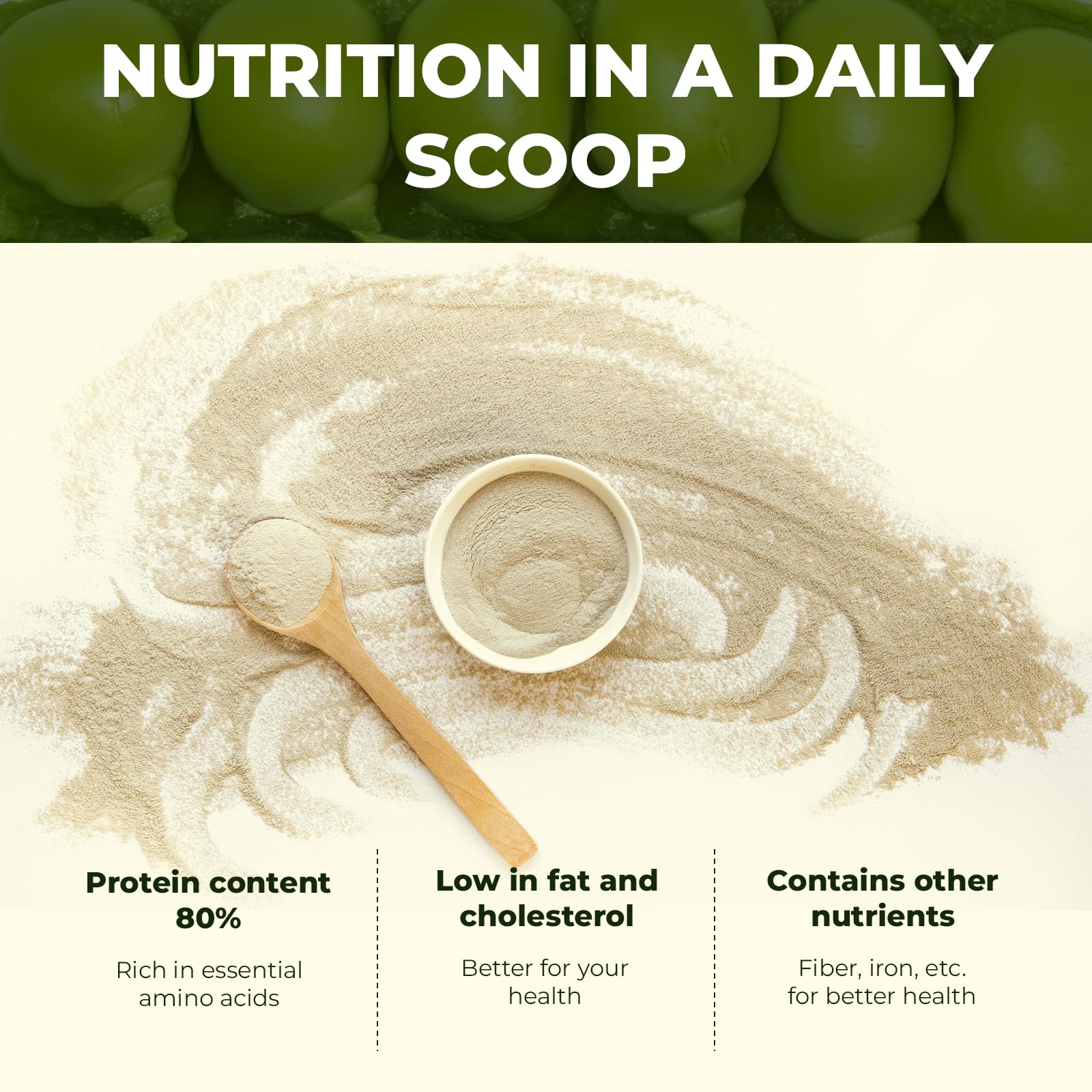 Angtai JN pea protein powder texture close-up highlights fine, easily dispersible powder.