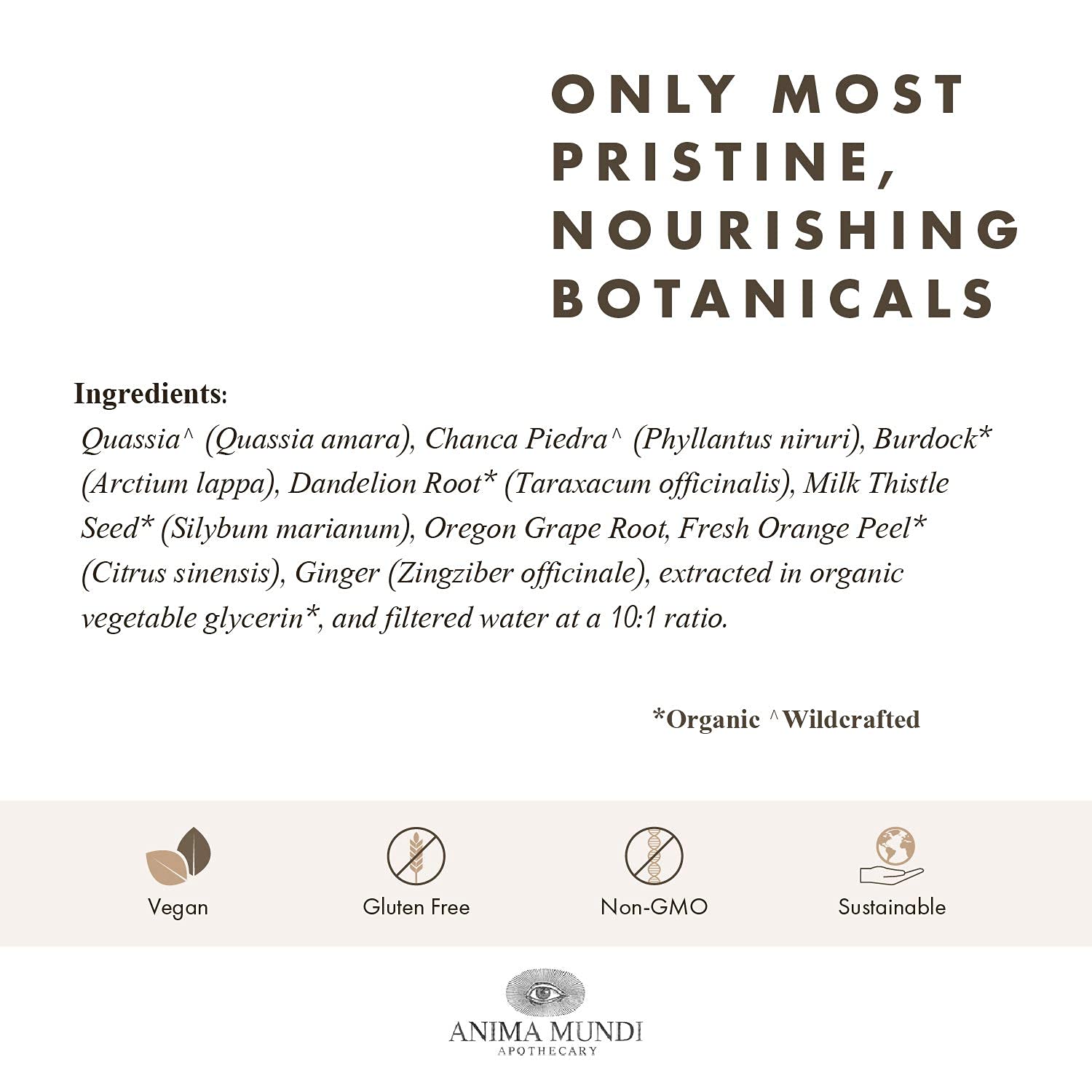 Sustainable sourcing cues for Amargo Digestive Bitters with organic ingredients.