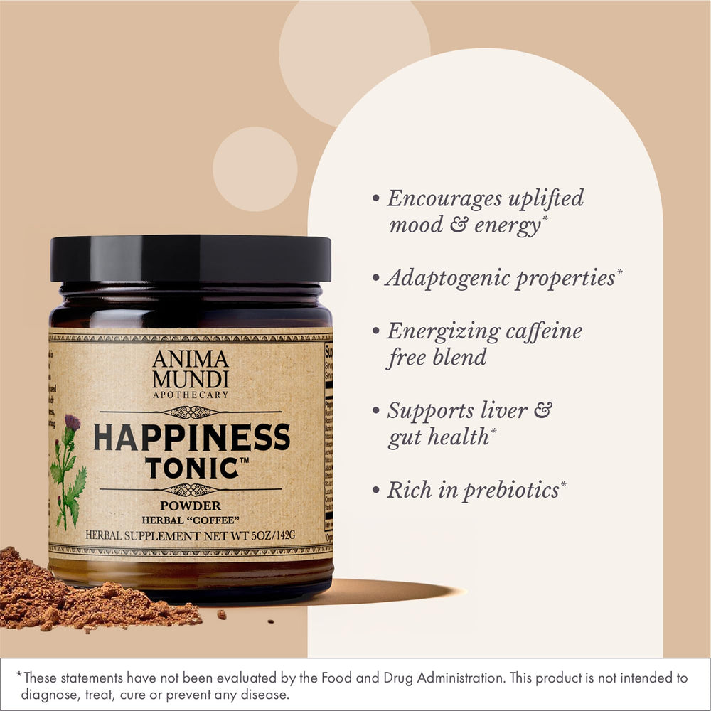 Anima Mundi Happiness Tonic ashwagandha powder for subtle adaptogenic balance in daily routines.