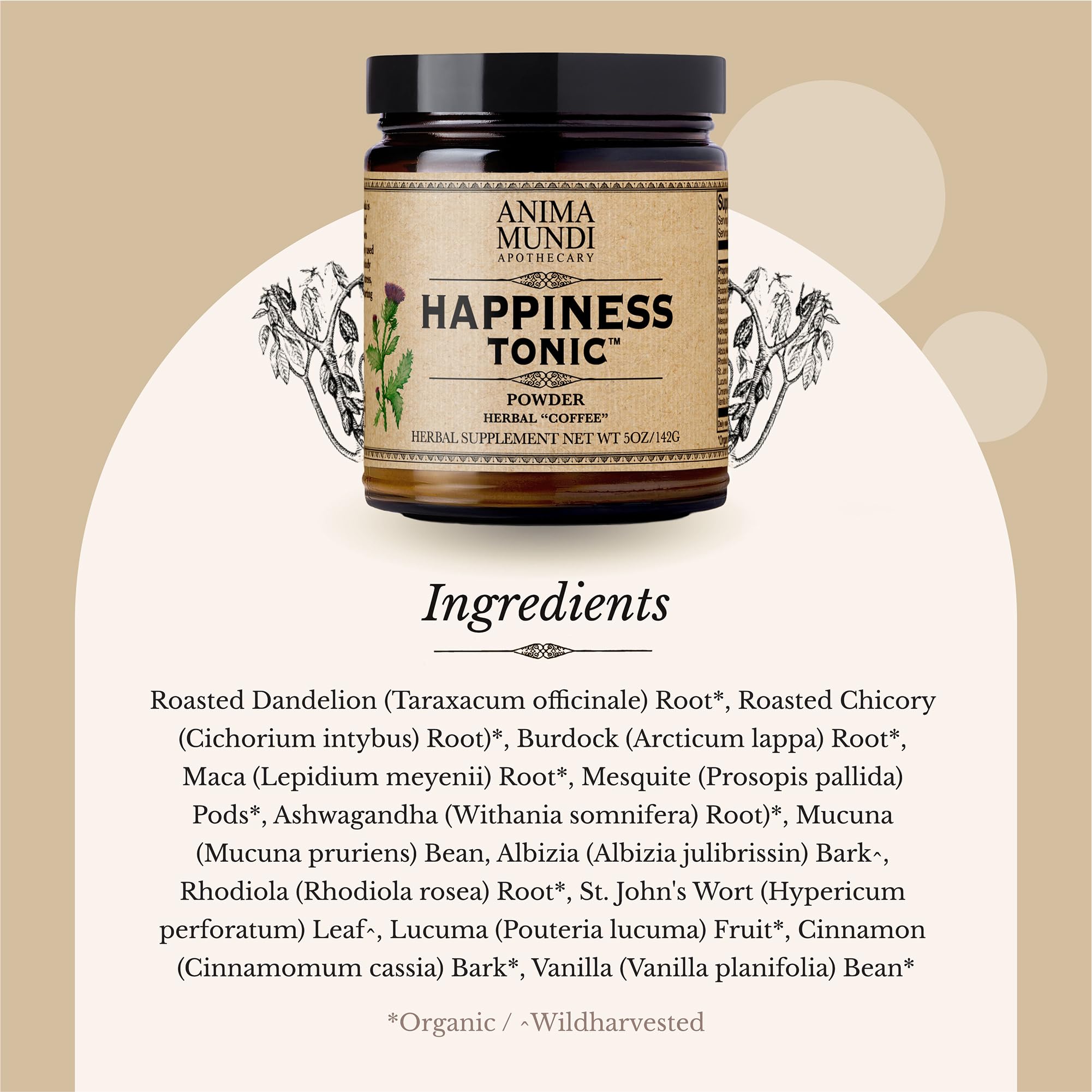 Anima Mundi Happiness Tonic roasted dandelion to savor gut-friendly herbal notes.