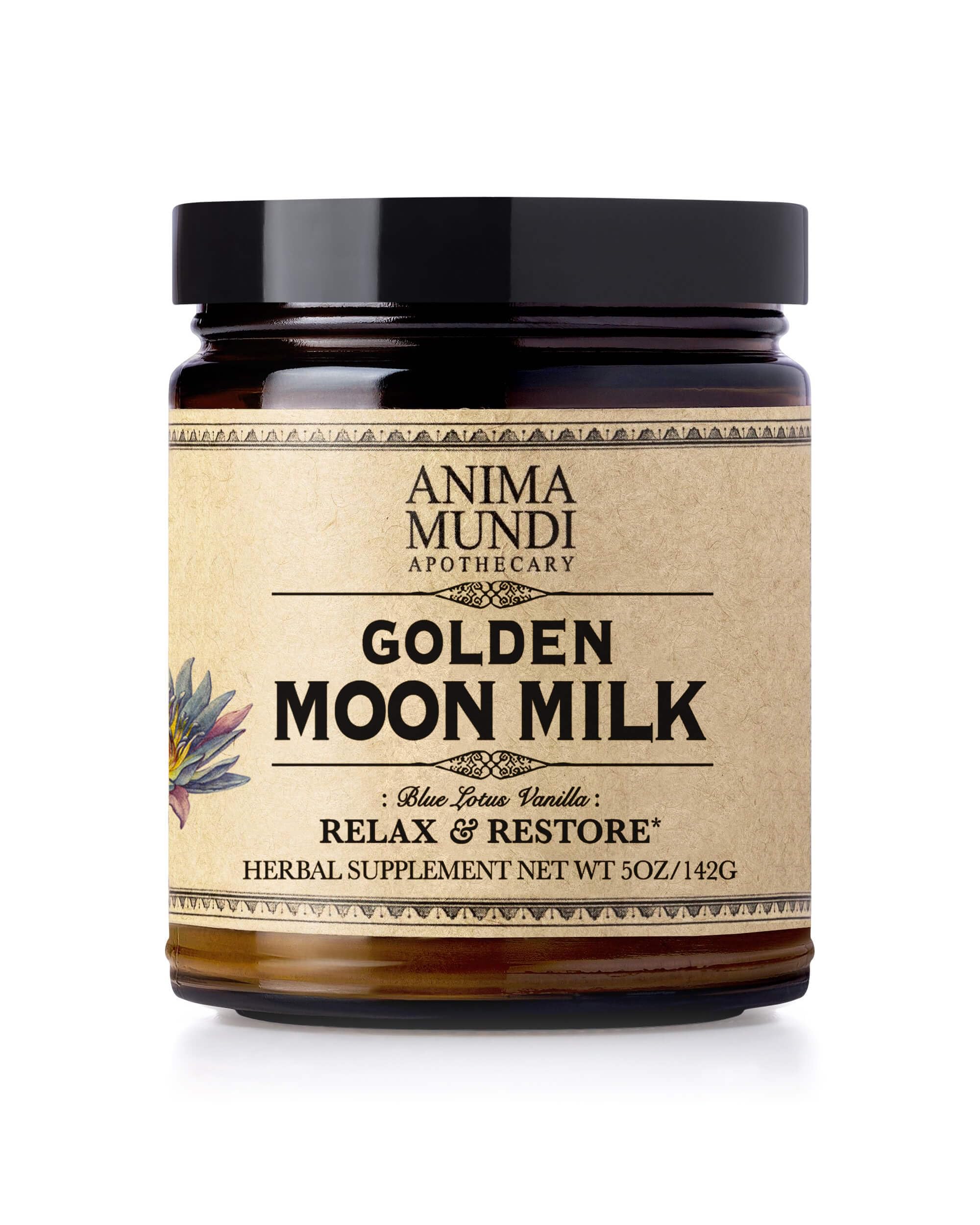 Anima Mundi Golden Moon Milk tin front view, unsweetened plant-based powder for calming evenings.