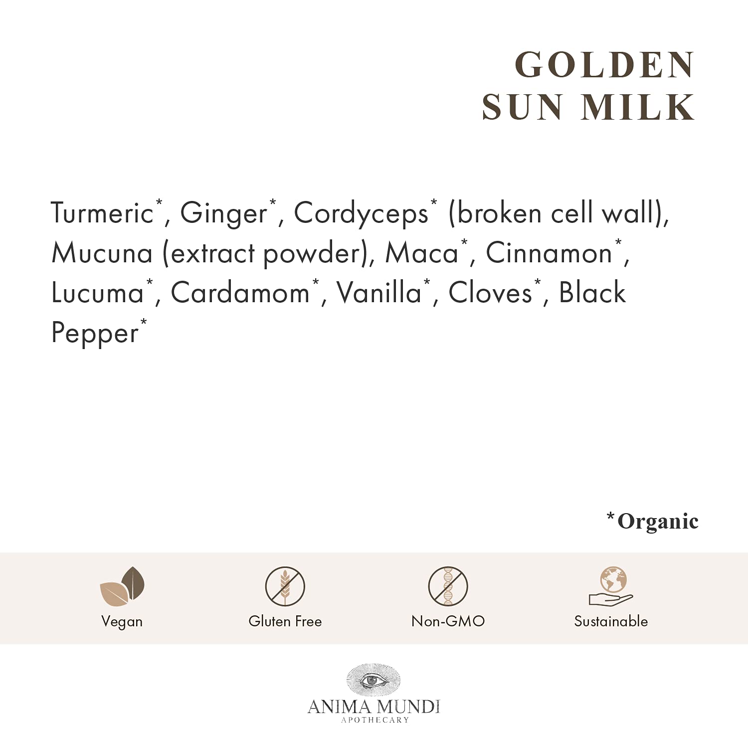 Anima Mundi Golden Sun Milk lucuma-vanilla spice blend for warm, naturally sweet notes