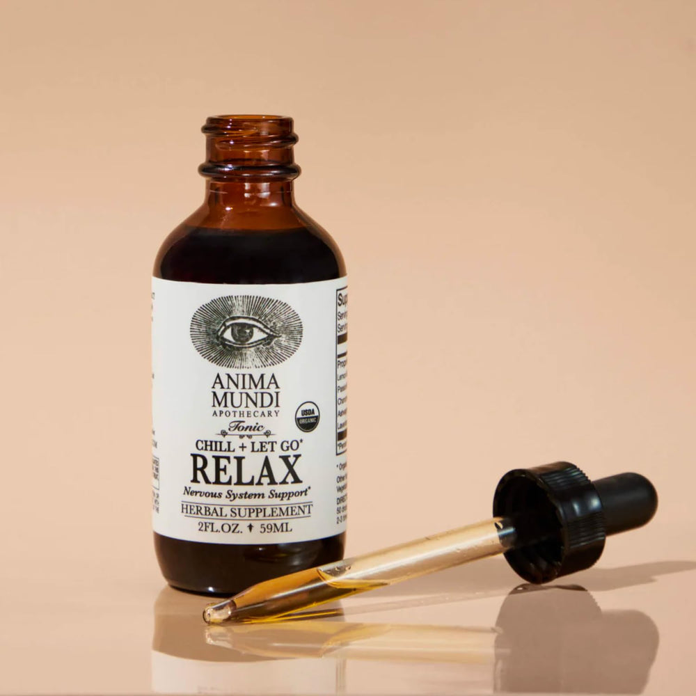Anima Mundi Relax Tonic dropper pour demonstrates easy dosing for quick mood lift.