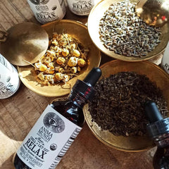 Anima Mundi Relax Tonic lemon balm infusion highlights soothing herbal blend.