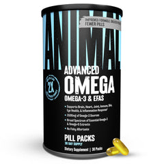 Animal Advanced Omega softgels pack front; burpless and easy to swallow for daily use