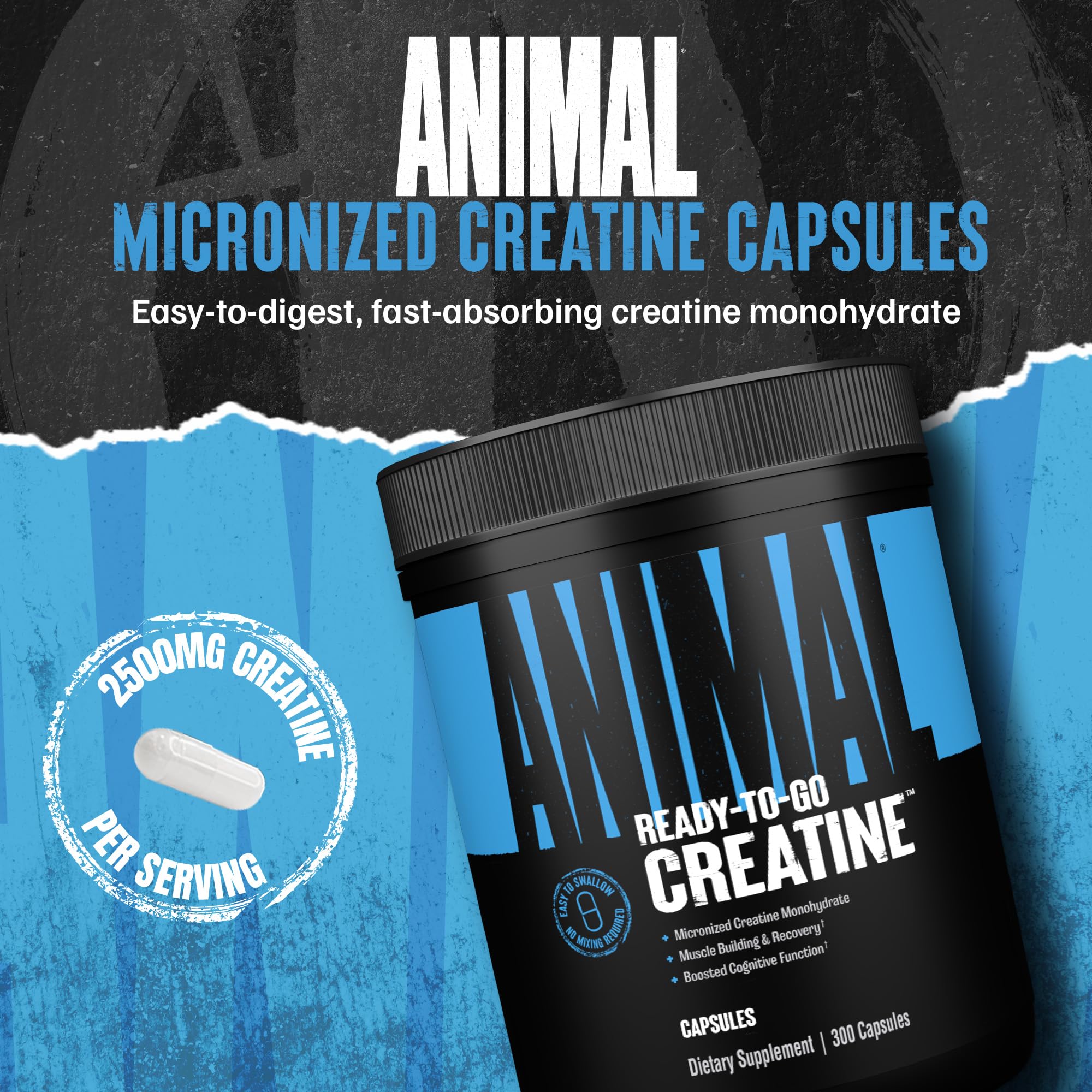 Animal Creatine capsules poured from bottle for quick pre- or post-workout use