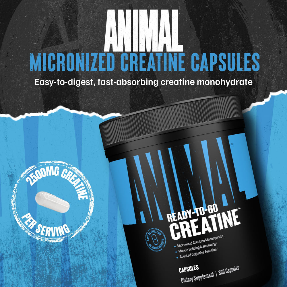 Animal Creatine capsules poured from bottle for quick pre- or post-workout use