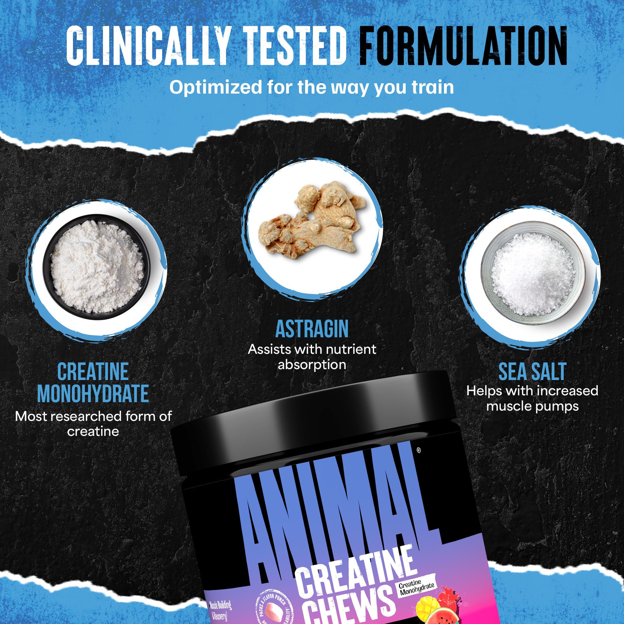 Animal Creatine Chews label reveals AstraGin and sea salt benefits