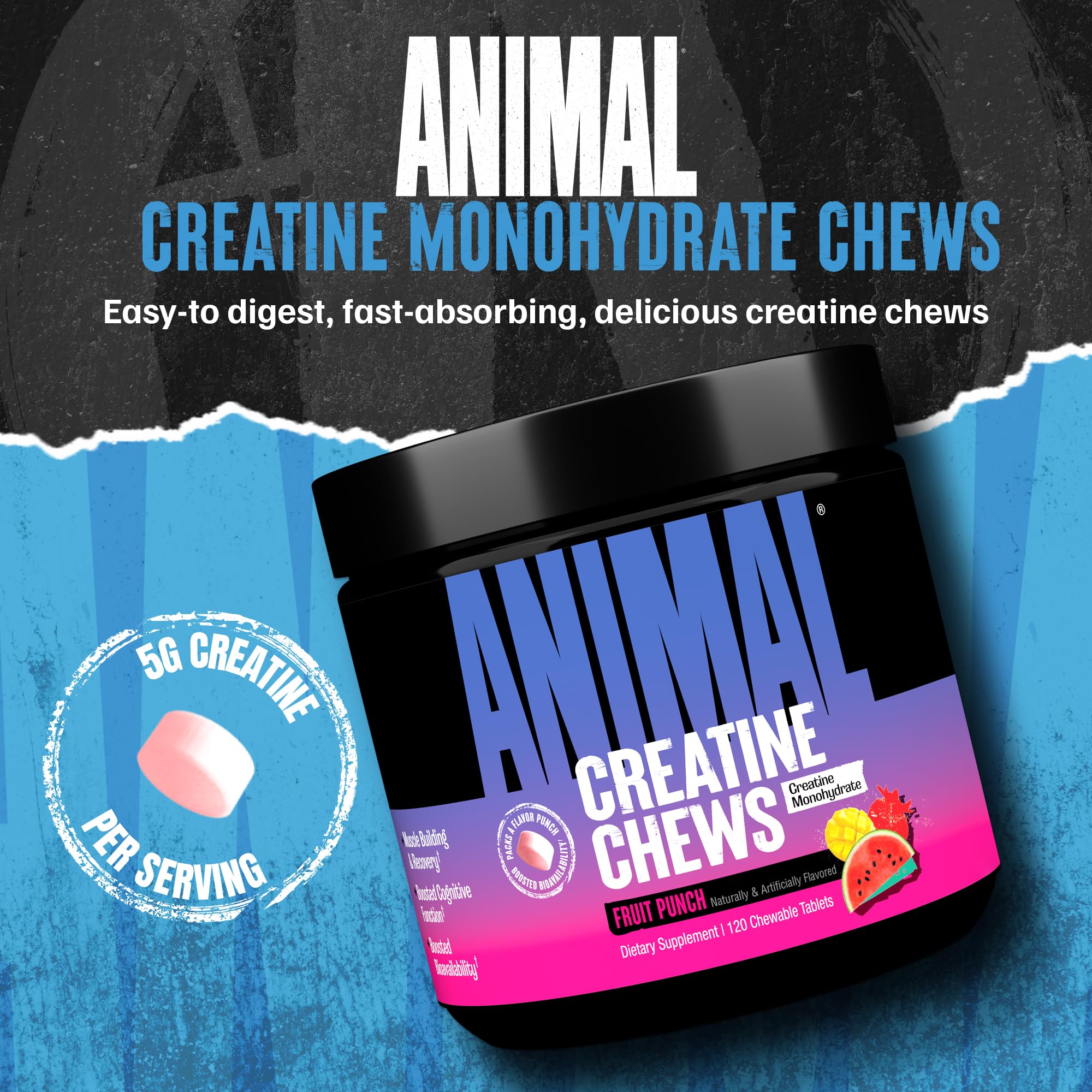 Animal Creatine Chews tablets close-up shows easy-to-chew format for on-the-go workouts