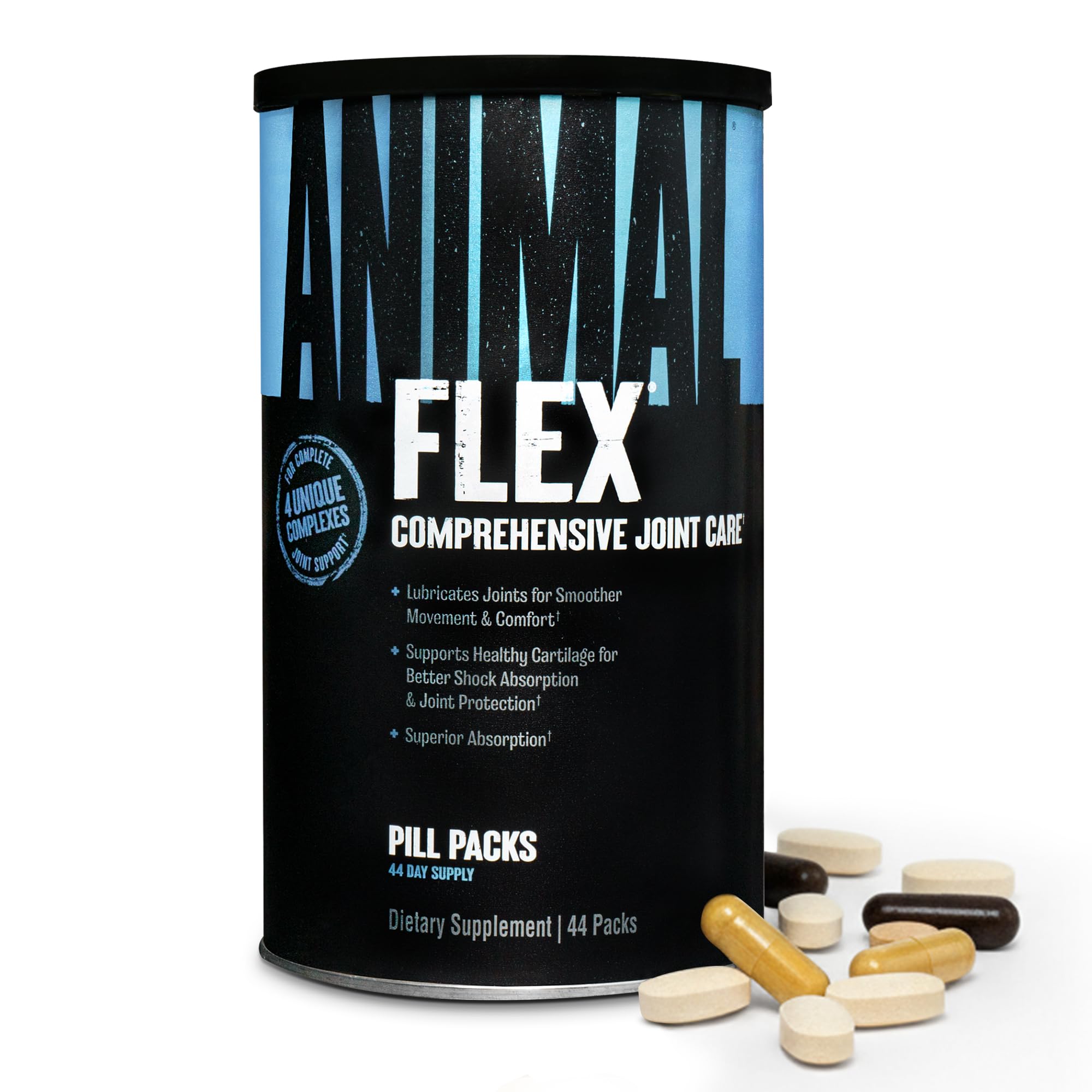 Animal Flex bottle showing glucosamine and chondroitin for joint support and mobility