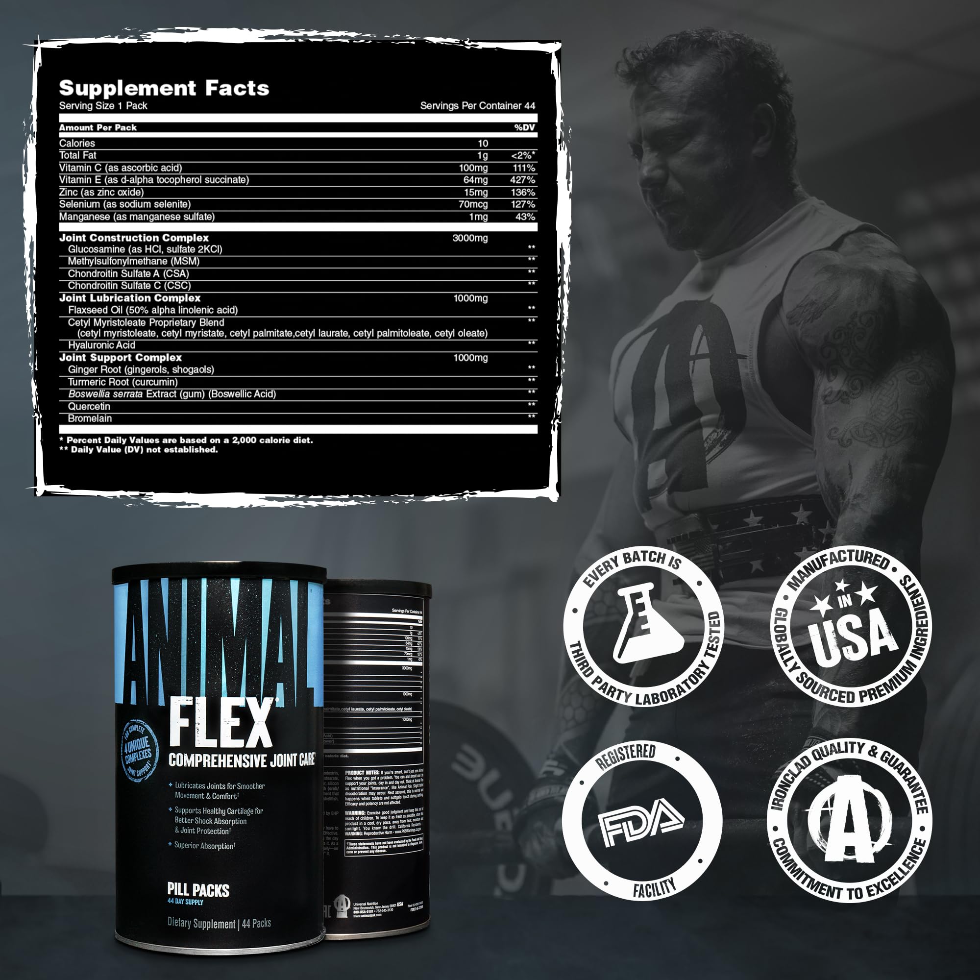 Animal Flex third-party testing logos implying independent quality verification