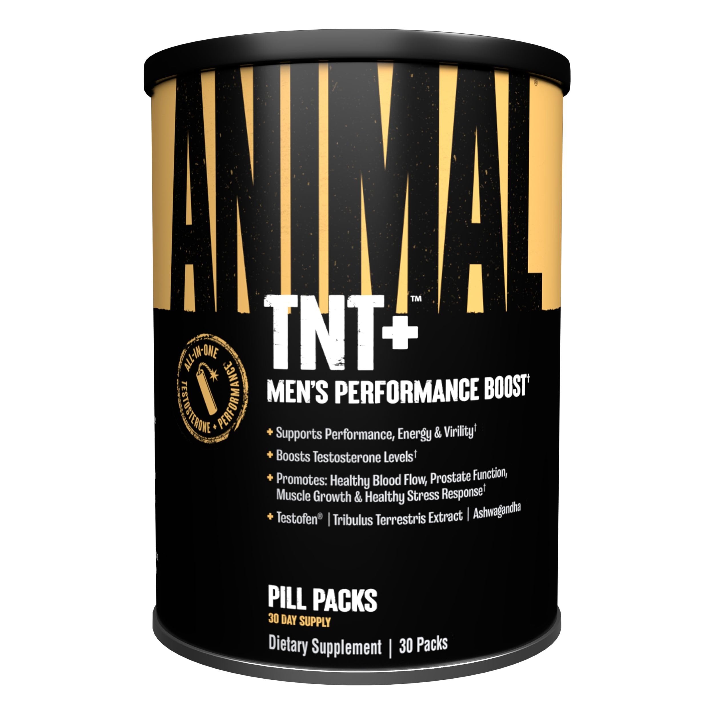 Animal TNT+ bottle highlights testosterone support for enhanced workout performance.