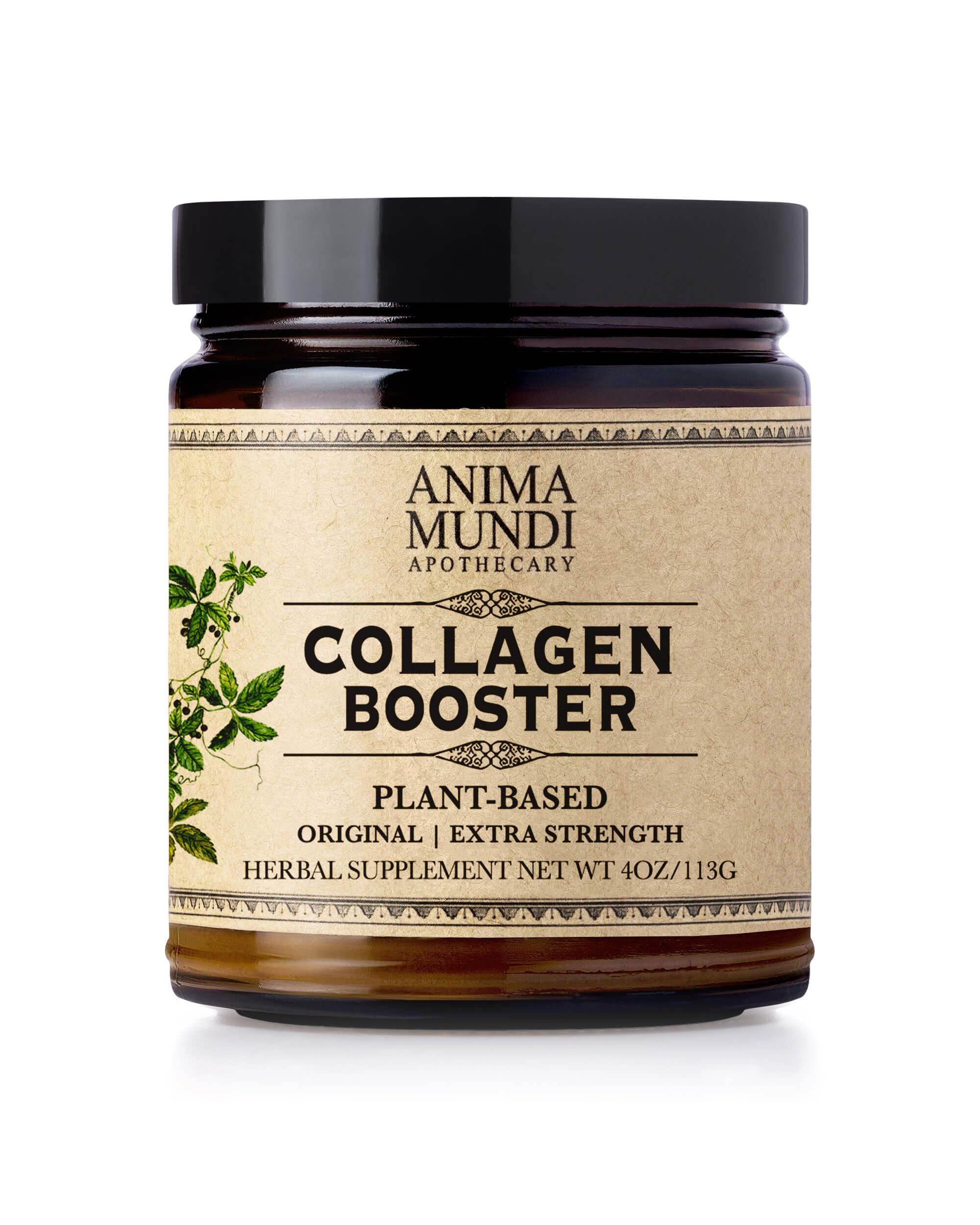 Anima Mundi Apothecary vegan collagen powder bottle on a kitchen counter, ready for daily use.