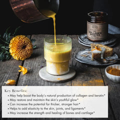 Close-up of the spoon scooping vegan collagen powder for precise portions.