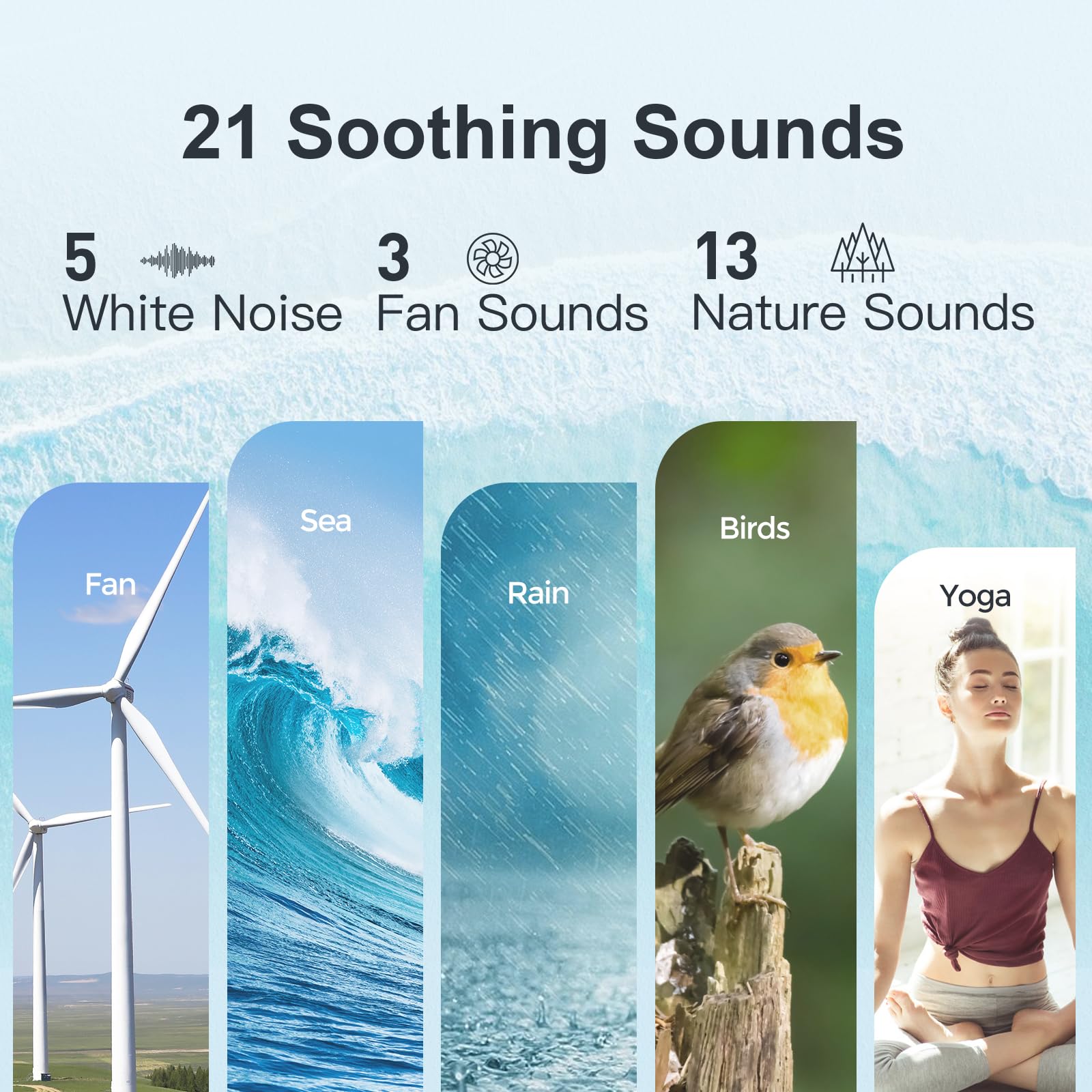 ANJANK device showing 21 soothing sounds for easier sleep