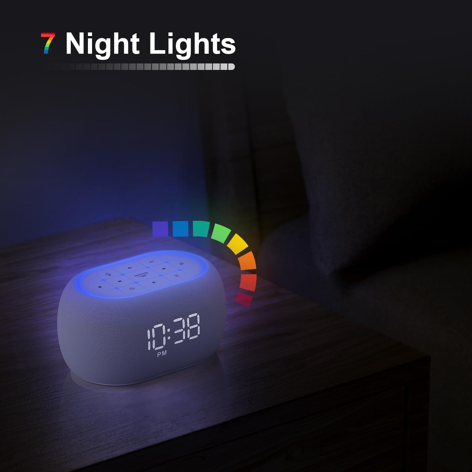 ANJANK bedside setup shows multifunction clock and speaker in bedroom