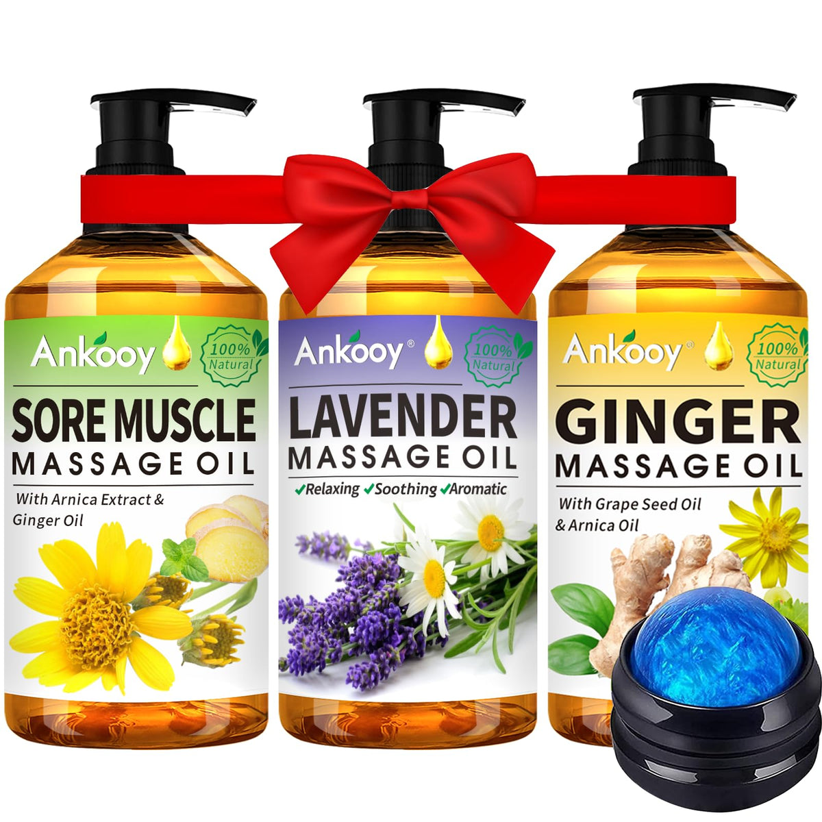 ANKOOY arnica massage oil bottle for soothing sore muscles during home massages.