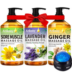 ANKOOY arnica massage oil bottle for soothing sore muscles during home massages.