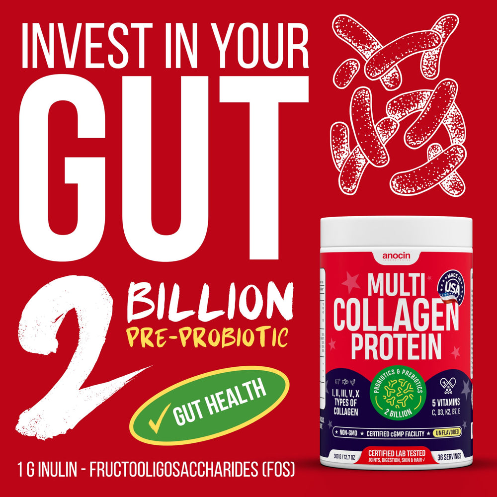 anocin collagen powder label closeup showing five collagen types I–X.