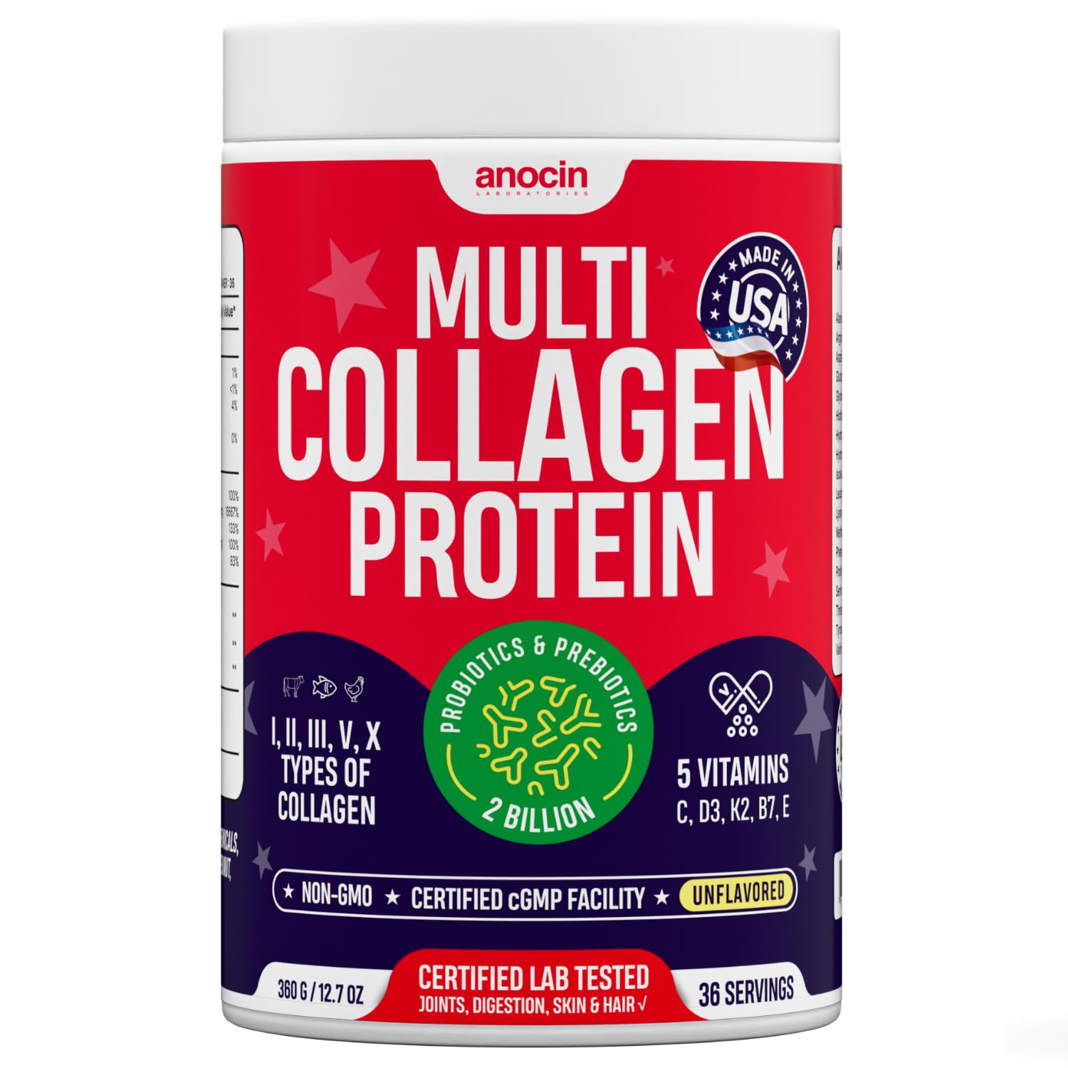 anocin multi collagen powder jar showing texture for skin and joint support.