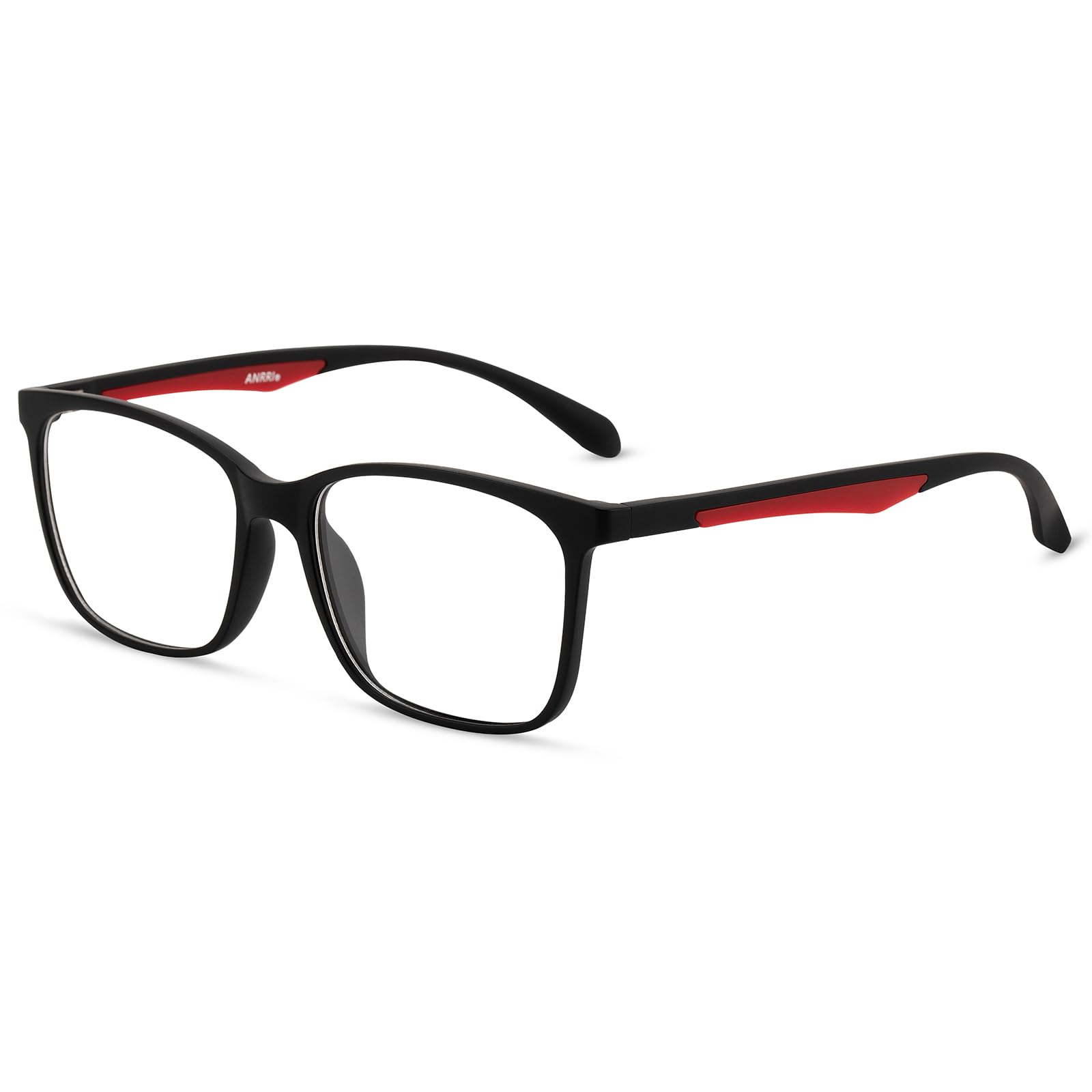 ANRRI blue light blocking glasses front view with black frame and red temples for digital eye strain relief.